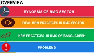 OVERVIEW
SYNOPSIS OF RMG SECTOR
IDEAL HRM PRACTICES IN RMG SECTOR
HRM PRACTICES IN RMG OF BANGLADESH
PROBLEMS
 