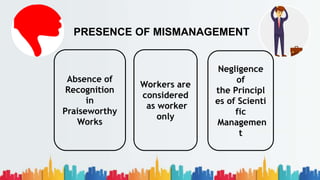 PRESENCE OF MISMANAGEMENT
Absence of
Recognition
in
Praiseworthy
Works
Workers are
considered
as worker
only
Negligence
of
the Principl
es of Scienti
fic
Managemen
t
 