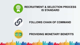RECRUITMENT & SELECTION PROCESS
IS STANDARD
FOLLOWS CHAIN OF COMMAND
PROVIDING MONETARY BENEFITS
 