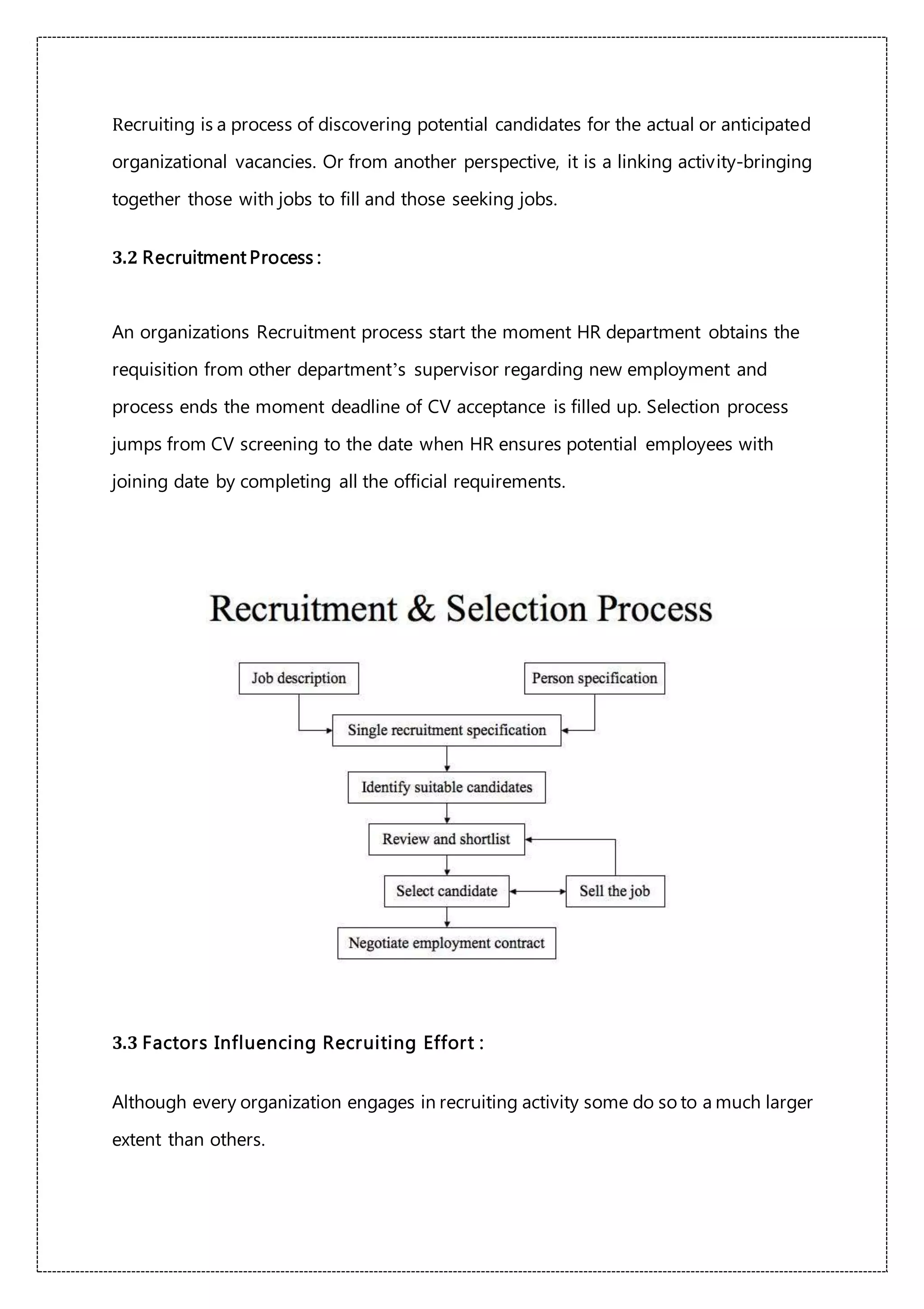 Recruiting is a process of discovering potential candidates for the actual or anticipated
organizational vacancies. Or from another perspective, it is a linking activity-bringing
together those with jobs to fill and those seeking jobs.
3.2 Recruitment Process :
An organizations Recruitment process start the moment HR department obtains the
requisition from other department’s supervisor regarding new employment and
process ends the moment deadline of CV acceptance is filled up. Selection process
jumps from CV screening to the date when HR ensures potential employees with
joining date by completing all the official requirements.
3.3 Factors Influencing Recruiting Effort :
Although every organization engages in recruiting activity some do so to a much larger
extent than others.
 
