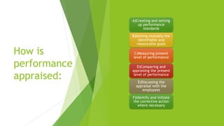How is
performance
appraised:
A)Creating and setting
up performance
standards
B)Setting mutually the
identifiable and
measurable goals
C)Measuring present
level of performance
D)Comparing and
appraising the present
level of performance
E)Discussing the
appraisal with the
employees
F)Identify and initiate
the corrective action
where necessary
 
