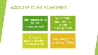 MODELS OF TALENT MANAGEMENT:
Silo approach to
talent
management
Systematic
approach to
talent
management
Effective
growth of talent
management
Fully integrated
talent activities
 
