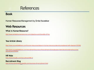 References
HRM
17
Book
Human ResourcesManagement by Smita Kavatekar
Web Resources
What is HumanResource?
http://www.whatishumanresource.com/objective-and-benefits-of-hrp
YourArticle Library
http://www.yourarticlelibrary.com/human-resources/steps-in-human-resource-planning-explained-with-diagram/32358/
http://www.yourarticlelibrary.com/recruitment/sources-of-recruitment-of-employees-internal-and-external-sources-
recruitment/25954/
HR Wale
http://www.hrwale.com/recruitment/88-2/
Recruitment Blog
http://imrecruitmentblog.weebly.com/sources-of-recruitment.html
 
