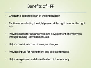Benefits of HRP
HRM
4
• Checksthe corporate plan of theorganization
• Facilitates in selecting the right person at the right time for the right
job.
• Provides scopefor advancement and development of employees
through training , development,etc.
• Helps to anticipate cost of salary andwages
• Provides inputs for recruitment and selectionprocess
• Helps in expansion and diversification of thecompany
 