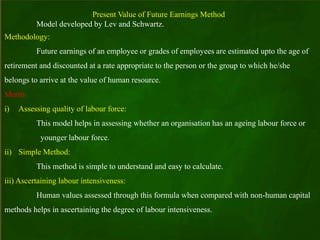 Present Value of Future Earnings Method
Model developed by Lev and Schwartz.
Methodology:
Future earnings of an employee or grades of employees are estimated upto the age of
retirement and discounted at a rate appropriate to the person or the group to which he/she
belongs to arrive at the value of human resource.
Merits
i) Assessing quality of labour force:
This model helps in assessing whether an organisation has an ageing labour force or
younger labour force.
ii) Simple Method:
This method is simple to understand and easy to calculate.
iii) Ascertaining labour intensiveness:
Human values assessed through this formula when compared with non-human capital
methods helps in ascertaining the degree of labour intensiveness.
 