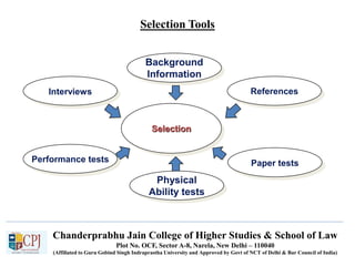 Chanderprabhu Jain College of Higher Studies & School of Law
Plot No. OCF, Sector A-8, Narela, New Delhi – 110040
(Affiliated to Guru Gobind Singh Indraprastha University and Approved by Govt of NCT of Delhi & Bar Council of India)
Selection Tools
Background
Information
Paper tests
Selection
Interviews References
Physical
Ability tests
Performance tests
 