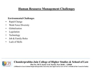 Chanderprabhu Jain College of Higher Studies & School of Law
Plot No. OCF, Sector A-8, Narela, New Delhi – 110040
(Affiliated to Guru Gobind Singh Indraprastha University and Approved by Govt of NCT of Delhi & Bar Council of India)
Human Resource Management Challenges
Environmental Challenges
• Rapid Change
• Work Force Diversity
• Globalization
• Legislation
• Technology
• Job & Family Roles
• Lack of Skills
 