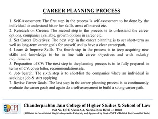 CAREER PLANNING PROCESS
Recruitment
Chanderprabhu Jain College of Higher Studies & School of Law
Plot No. OCF, Sector A-8, Narela, New Delhi – 110040
(Affiliated to Guru Gobind Singh Indraprastha University and Approved by Govt of NCT of Delhi & Bar Council of India)
1. Self-Assessment: The first step in the process is self-assessment to be done by the
individual to understand his or her skills, areas of interest etc.
2. Research on Careers: The second step in the process is to understand the career
options, companies available, growth options in career etc.
3. Set Career Objectives: The next step in the career planning is to set short-term as
well as long-term career goals for oneself, and to have a clear career path.
4. Learn & Improve Skills: The fourth step in the process is to keep acquiring new
skills and knowledge to be in line with career objectives and with industry
requirements.
5. Preparation of CV: The next step in the planning process is to be fully prepared in
terms of CV, cover letter, recommendations etc.
6. Job Search: The sixth step is to short-list the companies where an individual is
seeking a job & start applying.
7. Revise Career Goals: The last step in the career planning process is to continuously
evaluate the career goals and again do a self-assessment to build a strong career path.
 