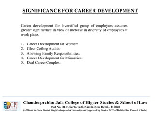 SIGNIFICANCE FOR CAREER DEVELOPMENT
Recruitment
Chanderprabhu Jain College of Higher Studies & School of Law
Plot No. OCF, Sector A-8, Narela, New Delhi – 110040
(Affiliated to Guru Gobind Singh Indraprastha University and Approved by Govt of NCT of Delhi & Bar Council of India)
Career development for diversified group of employees assumes
greater significance in view of increase in diversity of employees at
work place.
1. Career Development for Women:
2. Glass-Ceiling Audits:
3. Allowing Family Responsibilities:
4. Career Development for Minorities:
5. Dual Career Couples:
 