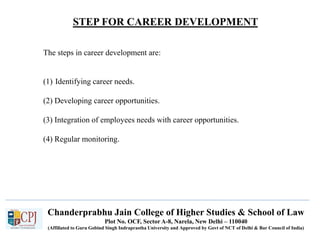STEP FOR CAREER DEVELOPMENT
Recruitment
Chanderprabhu Jain College of Higher Studies & School of Law
Plot No. OCF, Sector A-8, Narela, New Delhi – 110040
(Affiliated to Guru Gobind Singh Indraprastha University and Approved by Govt of NCT of Delhi & Bar Council of India)
The steps in career development are:
(1) Identifying career needs.
(2) Developing career opportunities.
(3) Integration of employees needs with career opportunities.
(4) Regular monitoring.
 
