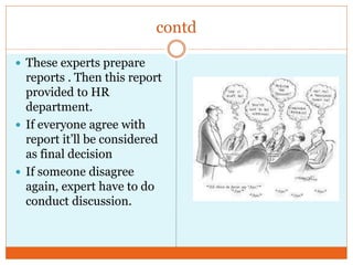 contd
 These experts prepare
reports . Then this report
provided to HR
department.
 If everyone agree with
report it’ll be considered
as final decision
 If someone disagree
again, expert have to do
conduct discussion.
 