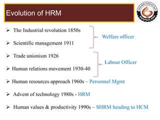 Evolution of HRM
 The Industrial revolution 1850s
Welfare officer
 Scientific management 1911
 Trade unionism 1926
Labo...