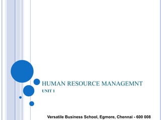 HUMAN RESOURCE MANAGEMNT
UNIT 1
Versatile Business School, Egmore, Chennai - 600 008
 