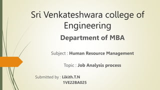 Sri Venkateshwara college of
Engineering
Department of MBA
Subject : Human Resource Management
Topic : Job Analysis process
Submitted by : Likith.T.N
1VE22BA025
 