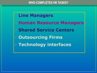 WHO COMPLETES HR TASKS?
• Line Managers
• Human Resource Managers
• Shared Service Centers
• Outsourcing Firms
• Technology interfaces
 