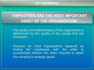 KEY ASSUMPTION
‘EMPLOYEES ARE THE MOST IMPORTANT
ASSET OF THE ORGANIZATION’
• The quality and effectiveness of the organization is
determined by the quality of the people that are
employed.
• Success for most organizations depends on
finding the employees with the skills to
successfully perform the tasks required to attain
the company’s strategic goals.
 