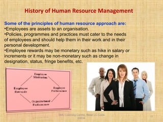 SMU Learning Centre, Alwar LC Code
03034
11
Some of the principles of human resource approach are:
•Employees are assets to an organisation.
•Policies, programmes and practices must cater to the needs
of employees and should help them in their work and in their
personal development.
•Employee rewards may be monetary such as hike in salary or
increments or it may be non-monetary such as change in
designation, status, fringe benefits, etc.
History of Human Resource Management
 