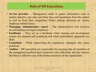 SMU Learning Centre, Alwar LC Code
03034
20
Role of HR Executives
• Service provider – Management needs to gather information such as
market statistics, pay rates and labor laws and legislations from the market
as well as from their competitors before making decisions on various
employee related issues.
• Managing Administrative expert – The administrative role involves
record keeping and legal compliance.
• Facilitator – They act as a facilitator when training and development
actions are planned and conducted and when performance appraisals are
done.
• Consultant – While supervising the employees, managers face many
problems.
• Auditor – HR specialists are responsible for ensuring that all members of
the management perform their respective roles efficiently and also ensures
that there is effective use of the human resources of the organisation.
 
