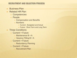 RECRUITMENT AND SELECTION PROCESS
 Business Plan
 Related HR Plan
 Competencies
 People
 Compensation and Benefits
 Numbers
 Current : Budgeted and Actual
 Future : Short Term and Long Term
 Three Conditions
 Current = Future
 Maintenance B = A
 Vacancy Filling B > A
 Current > Future
 Redundancy Planning
 Current < Future
 Recruitment Plan
 