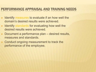 PERFORMANCE APPRAISAL AND TRAINING NEEDS
 Identify measures to evaluate if an how well the
domain’s desired results were achieved.
 Identify standards for evaluating how well the
desired results were achieved.
 Document a performance plan – desired results,
measures and standards.
 Conduct ongoing measurement to track the
performance of the employee.
 