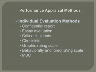 Individual Evaluation Methods
• Confidential report
• Essay evaluation
• Critical incidents
• Checklists
• Graphic rating scale
• Behaviorally anchored rating scale
• MBO
 