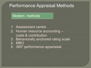Performance Appraisal Methods
Modern methods
1. Assessment centre
2. Human resource accounting –
costs & contribution
3. Behaviorally anchored rating scale
4. MBO
5. 360º performance apparaisal
 