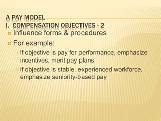 A PAY MODEL
I. COMPENSATION OBJECTIVES - 2
 Influence forms & procedures
 For example:
 if objective is pay for performance, emphasize
incentives, merit pay plans
 if objective is stable, experienced workforce,
emphasize seniority-based pay
 