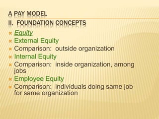A PAY MODEL
II. FOUNDATION CONCEPTS
 Equity
 External Equity
 Comparison: outside organization
 Internal Equity
 Comparison: inside organization, among
jobs
 Employee Equity
 Comparison: individuals doing same job
for same organization
 