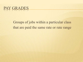 PAY GRADES
Groups of jobs within a particular class
that are paid the same rate or rate range
 