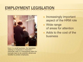 EMPLOYMENT LEGISLATION
 Increasingly important
aspect of the HRM role
 Wide range
of areas for attention
 Adds to the cost of the
business
Even in a small business, the legislation
relating to employees is important –
chemicals used in a hairdressing salon for
example have to be carefully stored and
handled to protect employees.
 