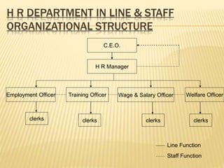 H R DEPARTMENT IN LINE & STAFF
ORGANIZATIONAL STRUCTURE
C.E.O.
H R Manager
Training OfficerEmployment Officer Wage & Salary Officer Welfare Officer
clerks clerks clerksclerks
Staff Function
Line Function
 