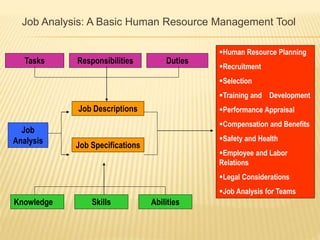 Tasks Responsibilities Duties
Job
Analysis
Job Descriptions
Job Specifications
Knowledge Skills Abilities
Human Resource Planning
Recruitment
Selection
Training and Development
Performance Appraisal
Compensation and Benefits
Safety and Health
Employee and Labor
Relations
Legal Considerations
Job Analysis for Teams
Job Analysis: A Basic Human Resource Management Tool
 