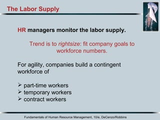 Fundamentals of Human Resource Management, 10/e, DeCenzo/Robbins
The Labor Supply
HR managers monitor the labor supply.
Trend is to rightsize: fit company goals to
workforce numbers.
For agility, companies build a contingent
workforce of
 part-time workers
 temporary workers
 contract workers
 