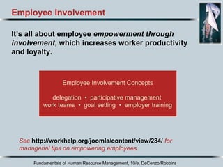 Fundamentals of Human Resource Management, 10/e, DeCenzo/Robbins
Employee Involvement
It’s all about employee empowerment through
involvement, which increases worker productivity
and loyalty.
See http://workhelp.org/joomla/content/view/284/ for
managerial tips on empowering employees.
Employee Involvement Concepts
delegation • participative management
work teams • goal setting • employer training
 