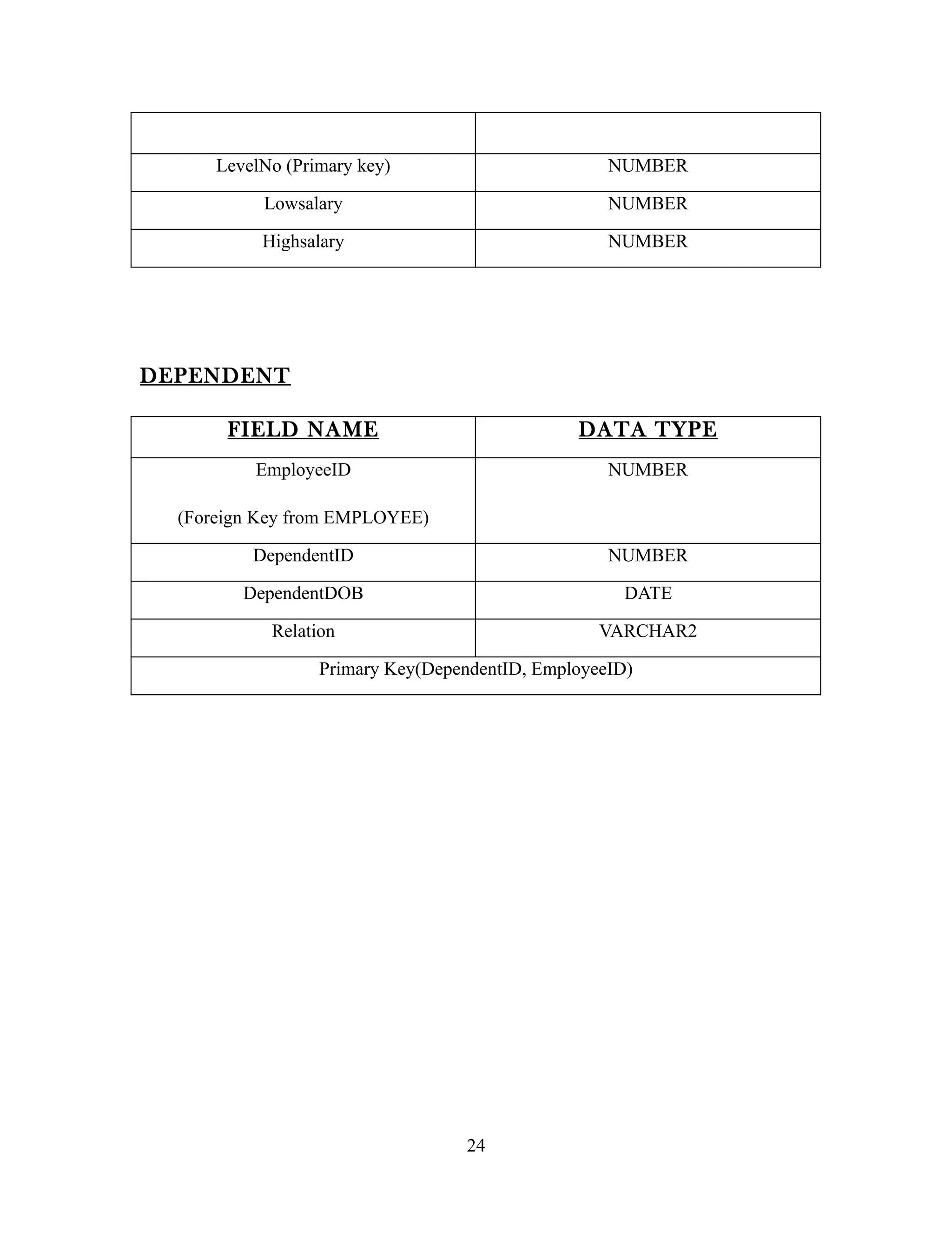 LevelNo (Primary key)                        NUMBER

           Lowsalary                               NUMBER

           Highsalary                              NUMBER




DEPENDENT

       FIELD NAME                              DATA TYPE
          EmployeeID                               NUMBER

  (Foreign Key from EMPLOYEE)

          DependentID                              NUMBER

         DependentDOB                                DATE

            Relation                              VARCHAR2

                  Primary Key(DependentID, EmployeeID)




                                  24
 
