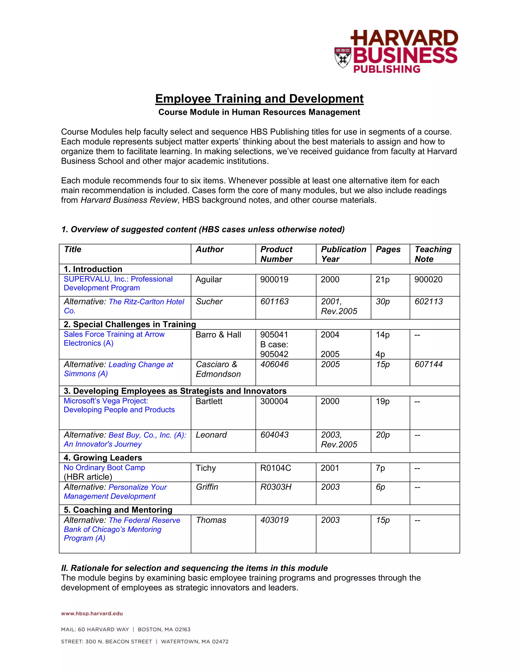 Employee Training and Development
Course Module in Human Resources Management
Course Modules help faculty select and sequence HBS Publishing titles for use in segments of a course.
Each module represents subject matter experts’ thinking about the best materials to assign and how to
organize them to facilitate learning. In making selections, we’ve received guidance from faculty at Harvard
Business School and other major academic institutions.
Each module recommends four to six items. Whenever possible at least one alternative item for each
main recommendation is included. Cases form the core of many modules, but we also include readings
from Harvard Business Review, HBS background notes, and other course materials.
1. Overview of suggested content (HBS cases unless otherwise noted)
Title Author Product
Number
Publication
Year
Pages Teaching
Note
1. Introduction
SUPERVALU, Inc.: Professional
Development Program
Aguilar 900019 2000 21p 900020
Alternative: The Ritz-Carlton Hotel
Co.
Sucher 601163 2001,
Rev.2005
30p 602113
2. Special Challenges in Training
Sales Force Training at Arrow
Electronics (A)
Barro & Hall 905041
B case:
905042
2004
2005
14p
4p
--
Alternative: Leading Change at
Simmons (A)
Casciaro &
Edmondson
406046 2005 15p 607144
3. Developing Employees as Strategists and Innovators
Microsoft’s Vega Project:
Developing People and Products
Bartlett 300004 2000 19p --
Alternative: Best Buy, Co., Inc. (A):
An Innovator's Journey
Leonard 604043 2003,
Rev.2005
20p --
4. Growing Leaders
No Ordinary Boot Camp
(HBR article)
Tichy R0104C 2001 7p --
Alternative: Personalize Your
Management Development
Griffin R0303H 2003 6p --
5. Coaching and Mentoring
Alternative: The Federal Reserve
Bank of Chicago’s Mentoring
Program (A)
Thomas 403019 2003 15p --
II. Rationale for selection and sequencing the items in this module
The module begins by examining basic employee training programs and progresses through the
development of employees as strategic innovators and leaders.
 