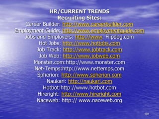 HR/CURRENT TRENDS
Recruiting Sites:
Career Builder: http://www.careerbuilder.com
Employment Guide: http://www.employmentguide.com
Jobs and Employers: http://www. Flipdog.com
Hot Jobs: http://www.hotjobs.com
Job Track: http://www.jobtrack.com
Job Web: http://www.jobweb.com
Monster.com:http://www.monster.com
Net-Temps:http://www.nettemps.com
Spherion: http://www.spherion.com
Naukari: http://naukari.com
Hotbot:http://www.hotbot.com
Hireright: http://www.hireright.com
Naceweb: http:// www.naceweb.org
101
 