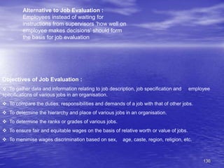 136
Objectives of Job Evaluation :
 To gather data and information relating to job description, job specification and employee
specifications of various jobs in an organisation.
 To compare the duties, responsibilities and demands of a job with that of other jobs.
 To determine the hierarchy and place of various jobs in an organisation.
 To determine the ranks or grades of various jobs.
 To ensure fair and equitable wages on the basis of relative worth or value of jobs.
 To menimise wages discrimination based on sex, age, caste, region, religion, etc.
Alternative to Job Evaluation :
Employees instead of waiting for
instructions from supervisors ‘how well on
employee makes decisions’ should form
the basis for job evaluation
 