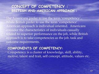 167
CONCEPT OF COMPETENCY :
BRITISH AND AMERICAN APPROACH :
The Americans prefer to use the term ‘competency’,.
While British prefer to use the term ‘competence’.
American approach is individual oriented. Americans
consider the characteristics of individuals casually
related to superior performance on the job, while British
approach is to take competencies as the job, task and
outcome requirements.
COMPONENTS OF COMPETENCY:
Competency is a cluster of knowledge, skill, ability,
motive, talent and trait, self concept, attitude, values etc.
 