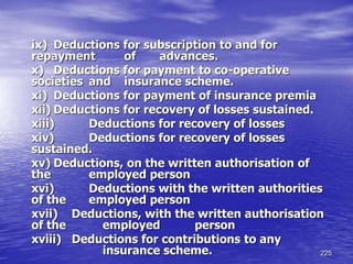 225
ix) Deductions for subscription to and for
repayment of advances.
x) Deductions for payment to co-operative
societies and insurance scheme.
xi) Deductions for payment of insurance premia
xii) Deductions for recovery of losses sustained.
xiii) Deductions for recovery of losses
xiv) Deductions for recovery of losses
sustained.
xv) Deductions, on the written authorisation of
the employed person
xvi) Deductions with the written authorities
of the employed person
xvii) Deductions, with the written authorisation
of the employed person
xviii) Deductions for contributions to any
insurance scheme.
 