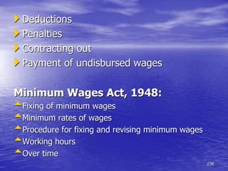 236
 Deductions
 Penalties
 Contracting out
 Payment of undisbursed wages
Minimum Wages Act, 1948:
Fixing of minimum wages
Minimum rates of wages
Procedure for fixing and revising minimum wages
Working hours
Over time
 