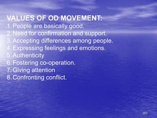 262
VALUES OF OD MOVEMENT:
1.People are basically good.
2.Need for confirmation and support.
3.Accepting differences among people.
4.Expressing feelings and emotions.
5.Authenticity
6.Fostering co-operation.
7.Giving attention
8.Confronting conflict.
 