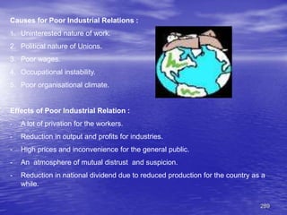 289
Causes for Poor Industrial Relations :
1. Uninterested nature of work.
2. Political nature of Unions.
3. Poor wages.
4. Occupational instability.
5. Poor organisational climate.
Effects of Poor Industrial Relation :
- A lot of privation for the workers.
- Reduction in output and profits for industries.
- High prices and inconvenience for the general public.
- An atmosphere of mutual distrust and suspicion.
- Reduction in national dividend due to reduced production for the country as a
while.
 