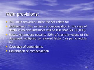 351
Main provisions:
• The main provision under the Act relate to:
• Entitlement : The minimum compensation in the case of
death in no circumstances will be less than Rs. 50,000/-
• Rates: An amount equal to 50% of monthly wages of the
deceased multiplied by relevant factor ( as per schedule
iv)
• Coverage of dependents
• Distribution of compensation
 