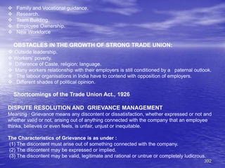 392
 Family and Vocational guidance.
 Research.
 Team Building.
 Employee Ownership.
 New Workforce
OBSTACLES IN THE GROWTH OF STRONG TRADE UNION:
 Outside leadership.
 Workers’ poverty.
 Difference of Caste, religion; language.
 Many workers relationship with their employers is still conditioned by a paternal outlook.
 The labour organisations in India have to contend with opposition of employers.
 Different shades of political opinion.
Shortcomings of the Trade Union Act., 1926
DISPUTE RESOLUTION AND GRIEVANCE MANAGEMENT
Meaning : Grievance means any discontent or dissatisfaction, whether expressed or not and
whether valid or not, arising out of anything connected with the company that an employee
thinks, believes or even feels, is unfair, unjust or inequitable.
The Characteristics of Grievance is as under :
(1) The discontent must arise out of something connected with the company.
(2) The discontent may be expressed or implied.
(3) The discontent may be valid, legitimate and rational or untrue or completely ludicrous.
 