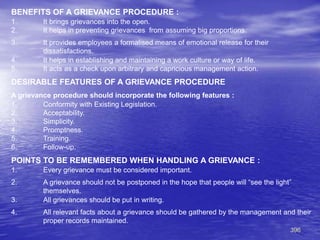 396
BENEFITS OF A GRIEVANCE PROCEDURE :
1. It brings grievances into the open.
2. It helps in preventing grievances from assuming big proportions.
3. It provides employees a formalised means of emotional release for their
dissatisfactions.
4. It helps in establishing and maintaining a work culture or way of life.
5. It acts as a check upon arbitrary and capricious management action.
DESIRABLE FEATURES OF A GRIEVANCE PROCEDURE
A grievance procedure should incorporate the following features :
1. Conformity with Existing Legislation.
2. Acceptability.
3. Simplicity.
4. Promptness.
5. Training.
6. Follow-up.
POINTS TO BE REMEMBERED WHEN HANDLING A GRIEVANCE :
1. Every grievance must be considered important.
2. A grievance should not be postponed in the hope that people will “see the light”
themselves.
3. All grievances should be put in writing.
4. All relevant facts about a grievance should be gathered by the management and their
proper records maintained.
 