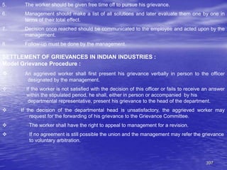 397
5. The worker should be given free time off to pursue his grievance.
6. Management should make a list of all solutions and later evaluate them one by one in
terms of their total effect.
7. Decision once reached should be communicated to the employee and acted upon by the
management.
8. Follow-up must be done by the management.
SETTLEMENT OF GRIEVANCES IN INDIAN INDUSTRIES :
Model Grievance Procedure :
 An aggrieved worker shall first present his grievance verbally in person to the officer
designated by the management.
 If the worker is not satisfied with the decision of this officer or fails to receive an answer
within the stipulated period, he shall, either in person or accompanied by his
departmental representative, present his grievance to the head of the department.
 If the decision of the departmental head is unsatisfactory, the aggrieved worker may
request for the forwarding of his grievance to the Grievance Committee.
 The worker shall have the right to appeal to management for a revision.
 If no agreement is still possible the union and the management may refer the grievance
to voluntary arbitration.
 