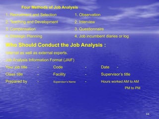 44
Four Methods of Job Analysis
1. Recruitment and Selection 1. Observation
2. Teaching and Development 2. Interview
3. Compensation 3. Questionnaire
4. Strategic Planning 4. Job incumbent diaries or log
Who Should Conduct the Job Analysis :
Internal as well as external experts.
Job Analysis Information Format (JAIF)
Your job title - Code - Date -
Class title - Facility - Supervisor’s title
Prepared by - Supervisor’s Name - Hours worked AM to AM
PM to PM
 
