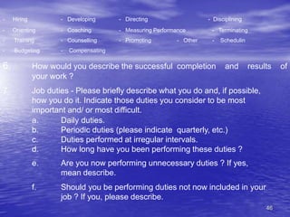 46
- Hiring - Developing - Directing - Disciplining
- Orienting - Coaching - Measuring Performance - Terminating
- Training - Counselling - Promoting - Other - Schedulin
- Budgeting - Compensating
6. How would you describe the successful completion and results of
your work ?
7. Job duties - Please briefly describe what you do and, if possible,
how you do it. Indicate those duties you consider to be most
important and/ or most difficult.
a. Daily duties.
b. Periodic duties (please indicate quarterly, etc.)
c. Duties performed at irregular intervals.
d. How long have you been performing these duties ?
e. Are you now performing unnecessary duties ? If yes,
mean describe.
f. Should you be performing duties not now included in your
job ? If you, please describe.
 