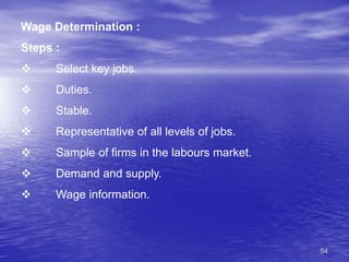 54
Wage Determination :
Steps :
 Select key jobs.
 Duties.
 Stable.
 Representative of all levels of jobs.
 Sample of firms in the labours market.
 Demand and supply.
 Wage information.
 